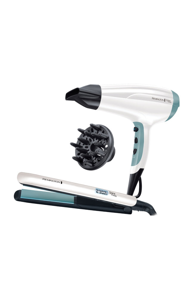 Coffret sèche-cheveux & lisseur - Shine Therapy - Blanc & bleu