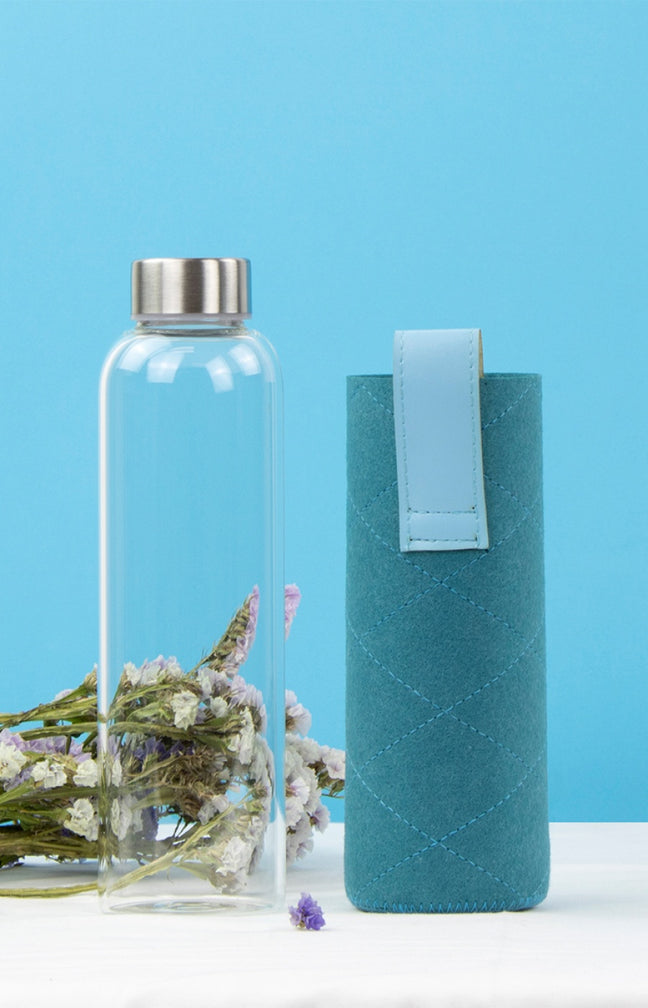 Bouteille en verre - Pochette feutrine - Bleu canard - 550 ml
