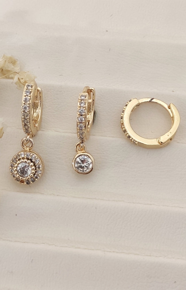 Trio boucles d'oreilles pendantes - Laiton plaqué or & zircon