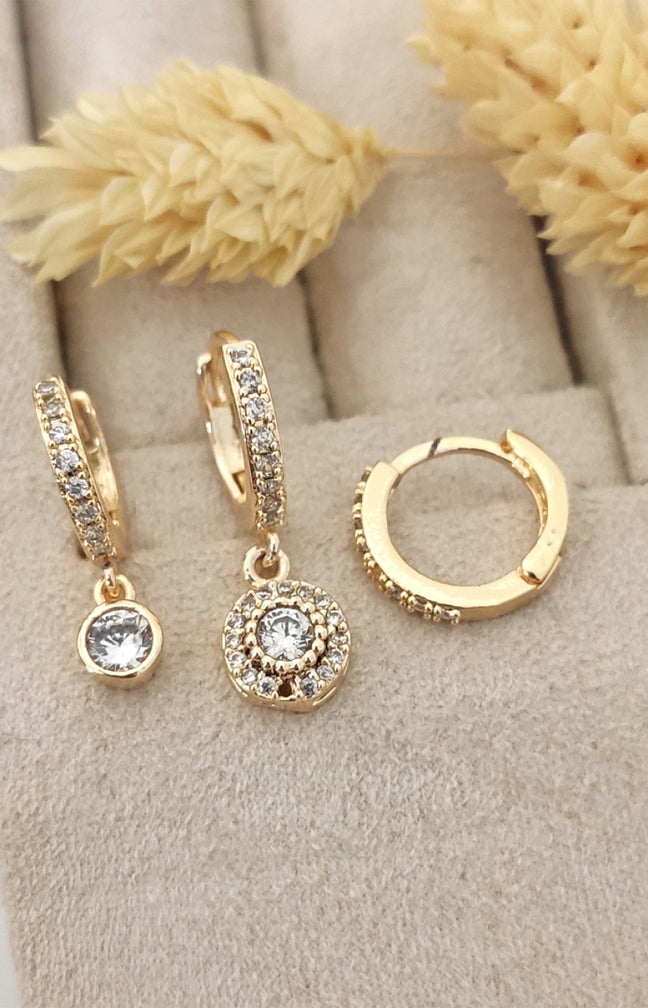 Trio boucles d'oreilles pendantes - Laiton plaqué or & zircon