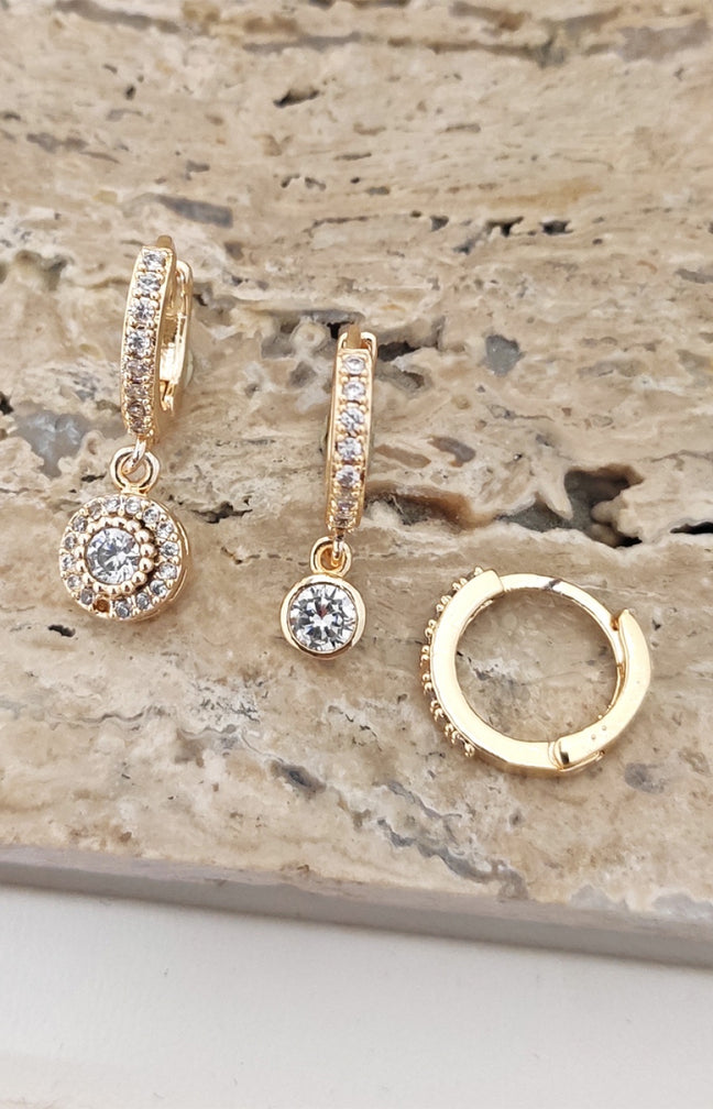 Trio boucles d'oreilles pendantes - Laiton plaqué or & zircon