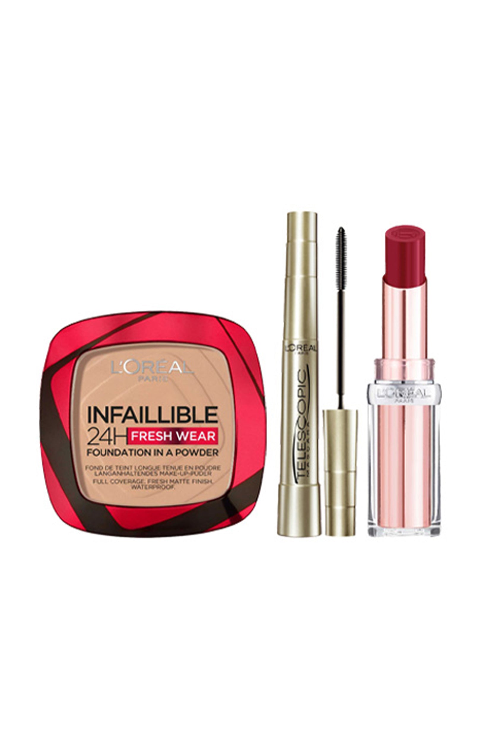 Fond de teint poudre, mascara allongeant & rouge à lèvres - 120 Vanille, Noir intense & 353 Mulberry Ecstatic