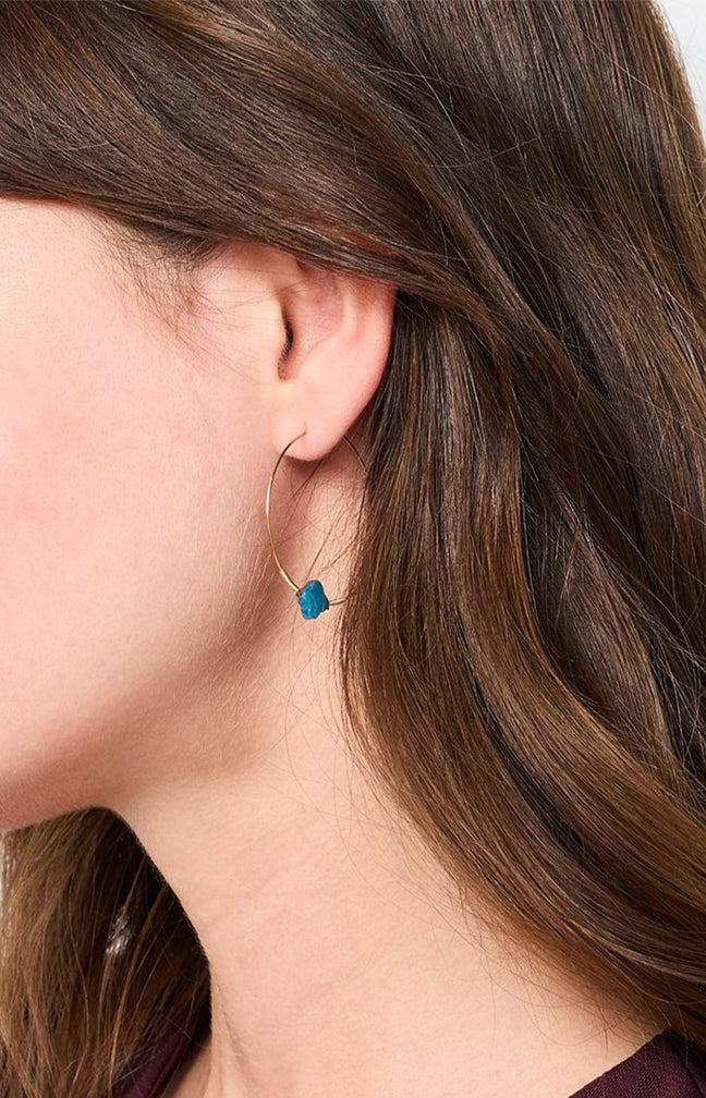 Boucles d'oreilles fines - Acier inoxydable & apatites - Doré & bleu