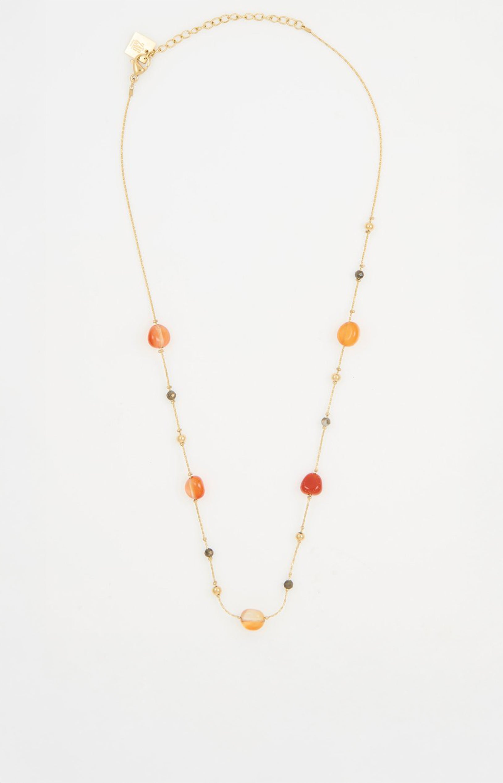 Collier sertie de pierres - Acier inoxydable & cornaline - Doré & rouge
