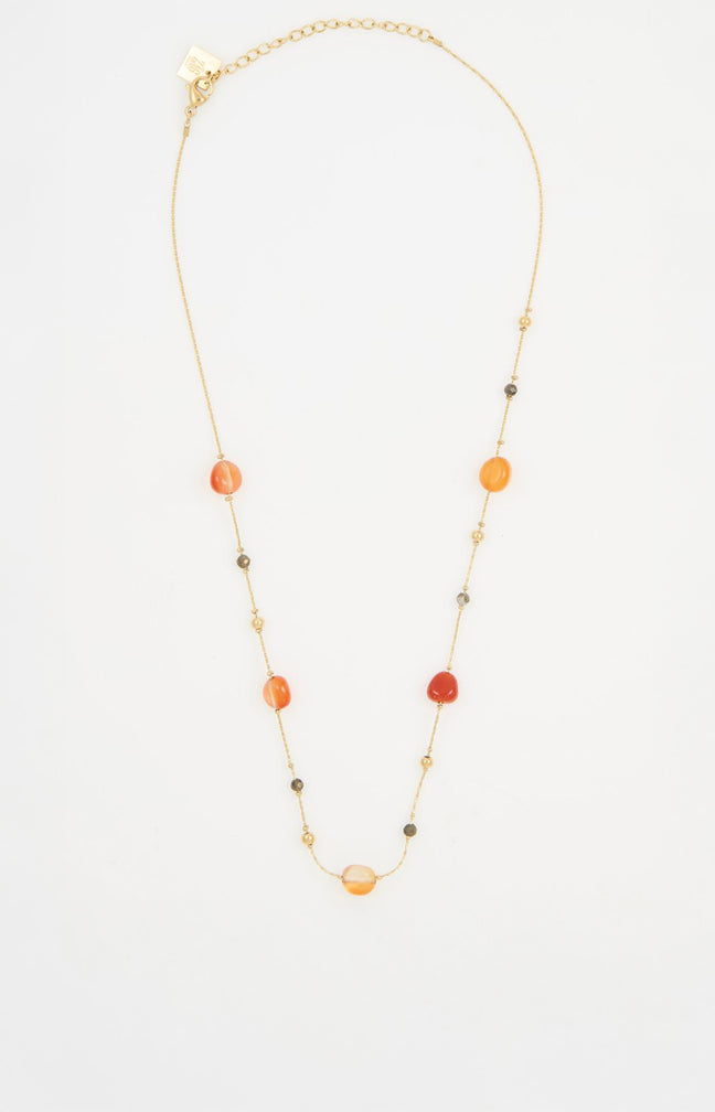Collier sertie de pierres - Acier inoxydable & cornaline - Doré & rouge