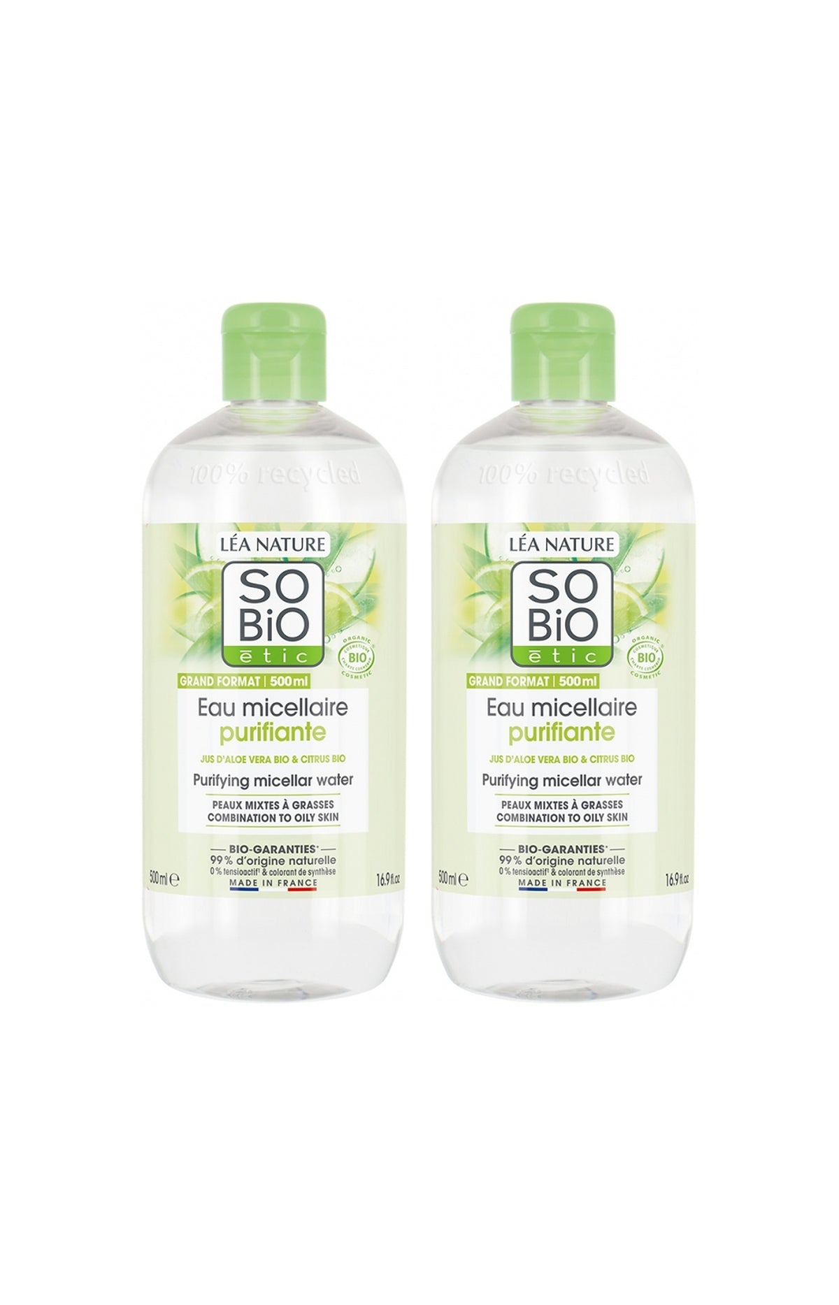 Eaux micellaires purifiantes bio - Aloe vera - Peaux mixtes à grasses - 2 x 500