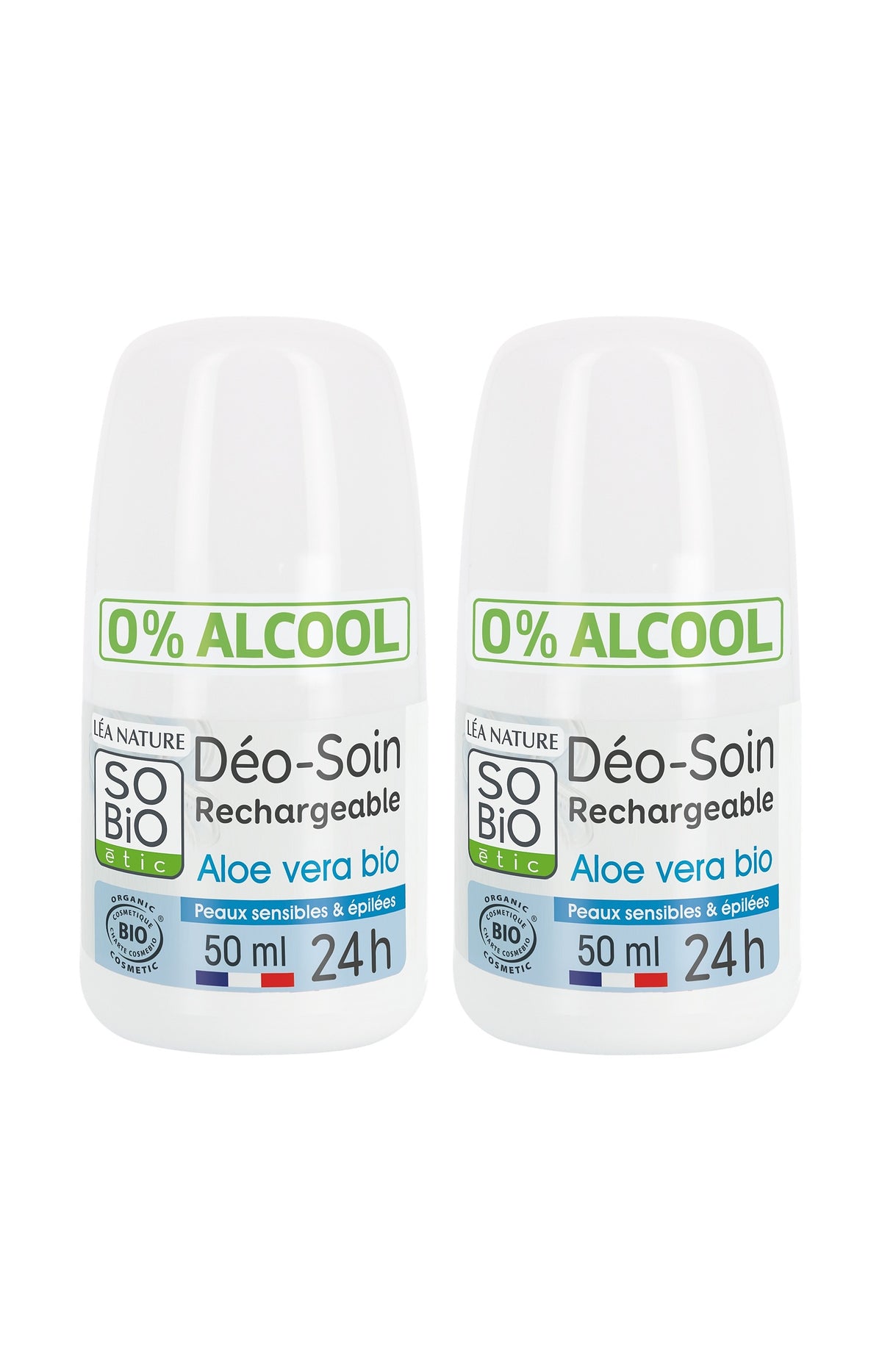 Déodorants roll-on apaisants bio - Aloe vera - Peaux sensibles - 2 x 50 ml