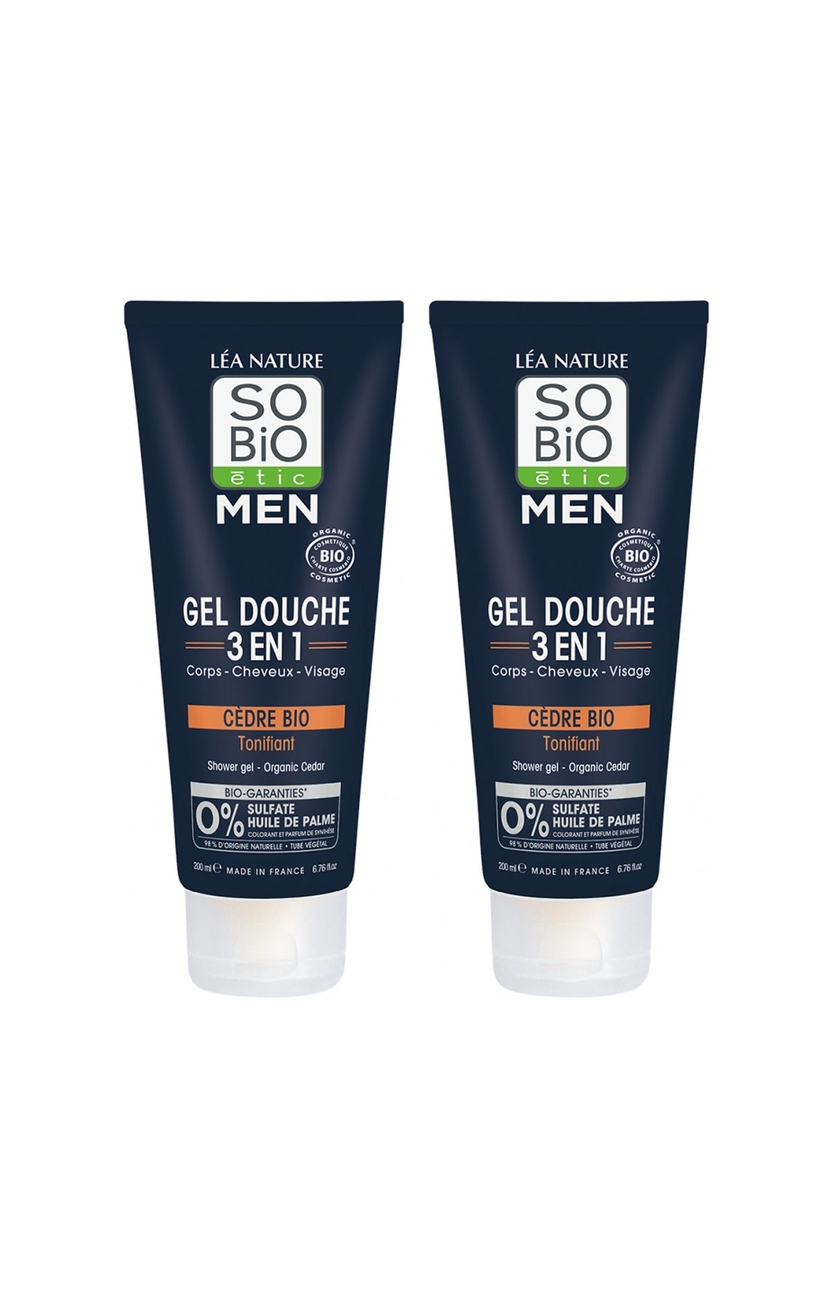 Gels douche 3-en-1 tonifiant bio - Cèdre bio - Visage, corps & cheveux - 2 x 200 ml - Homme