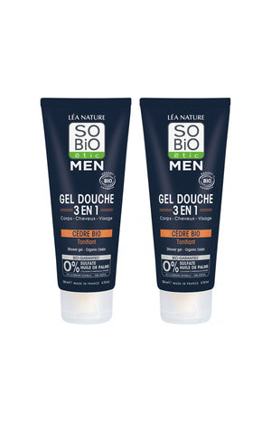 Gels douche 3-en-1 tonifiant bio - Cèdre bio - Visage, corps & cheveux - 2 x 200 ml - Homme