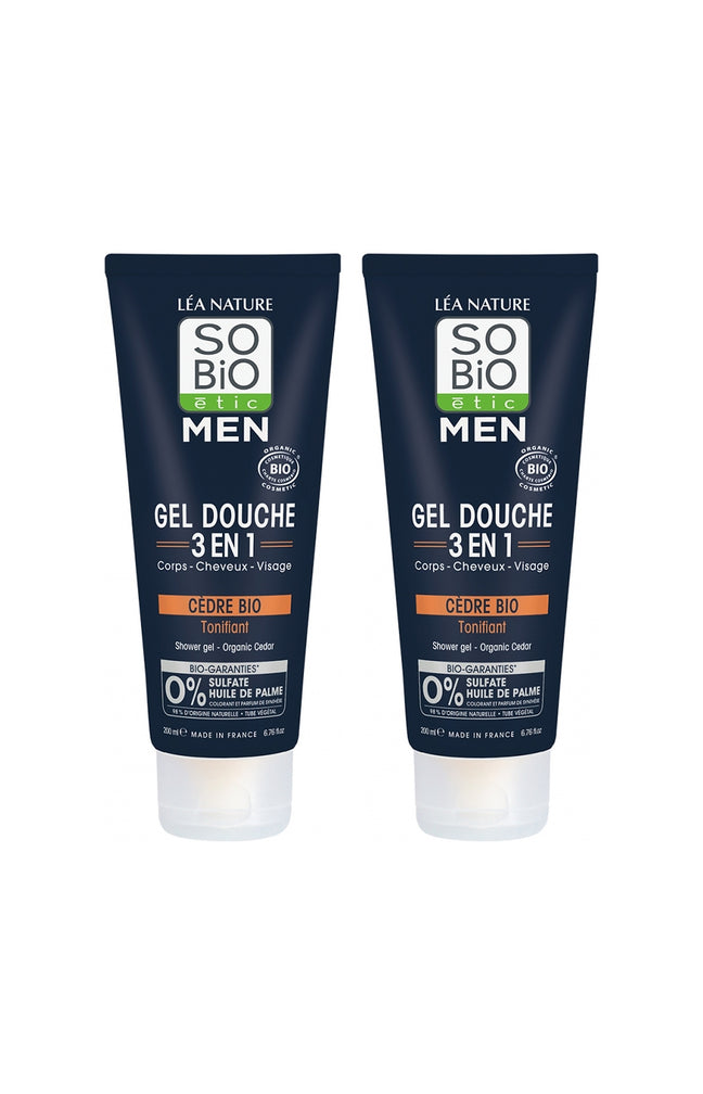 Gels douche 3-en-1 tonifiant bio - Cèdre bio - Visage, corps & cheveux - 2 x 200 ml - Homme