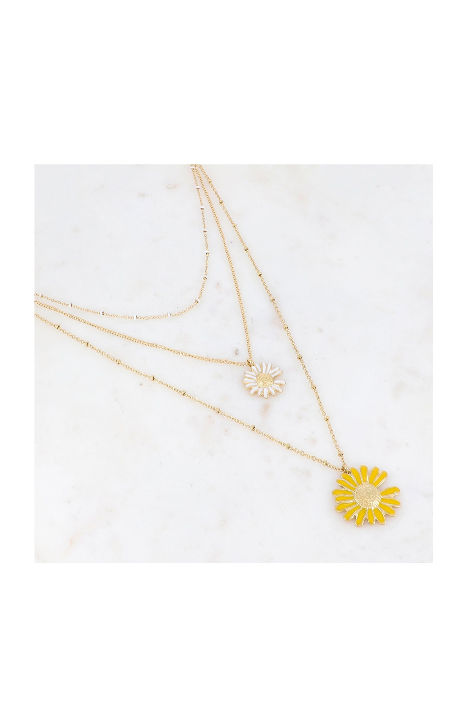 Collier 3 rangs avec fleurs - Acier inoxydable & email - Doré & noir