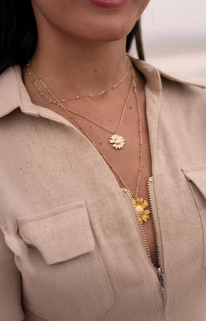 Collier 3 rangs avec fleurs - Acier inoxydable & email - Doré & noir