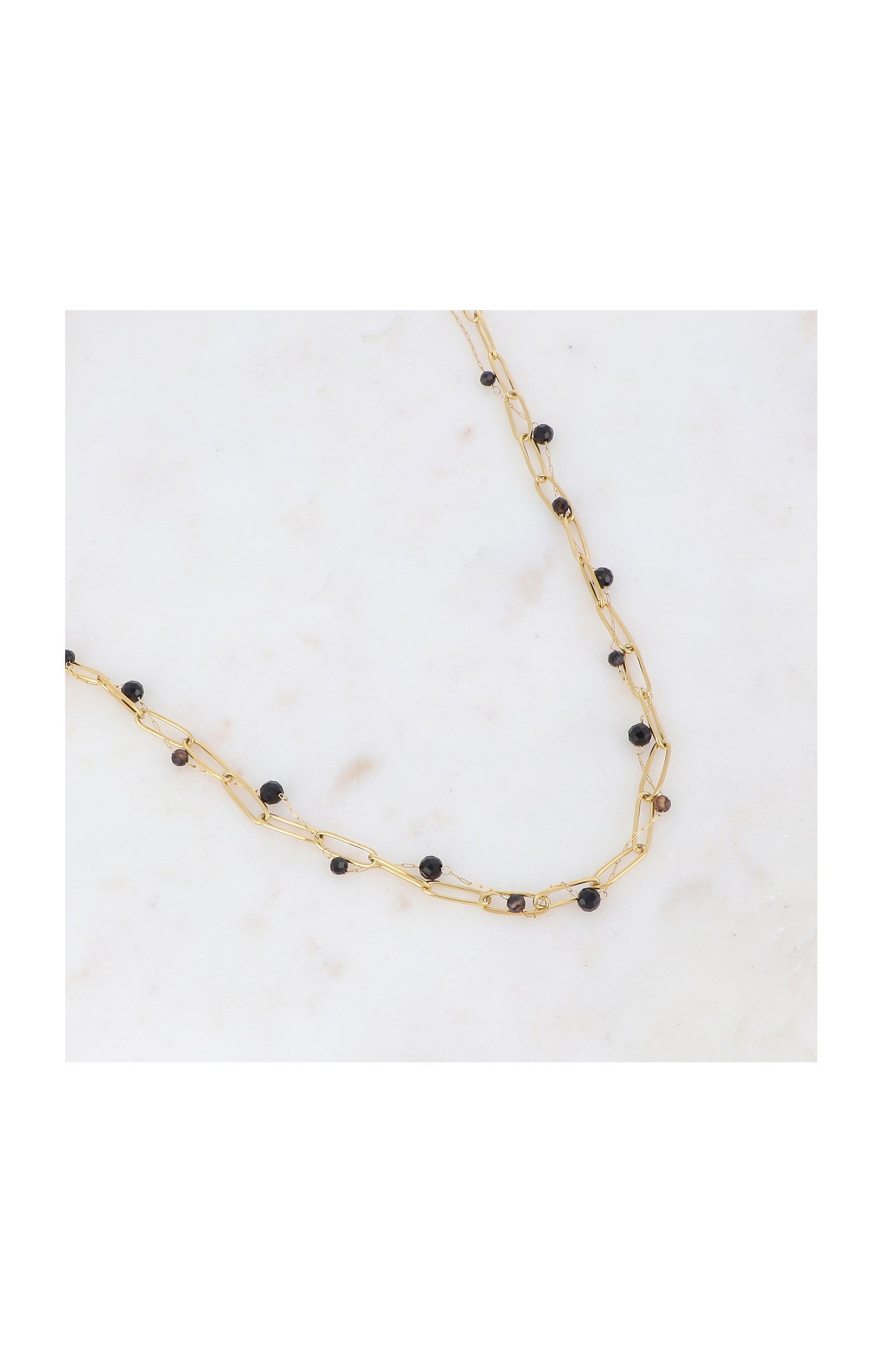 Collier double rangs - Acier inoxydable & pierres agates - Doré & noir