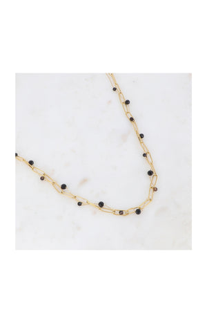 Collier double rangs - Acier inoxydable & pierres agates - Doré & noir