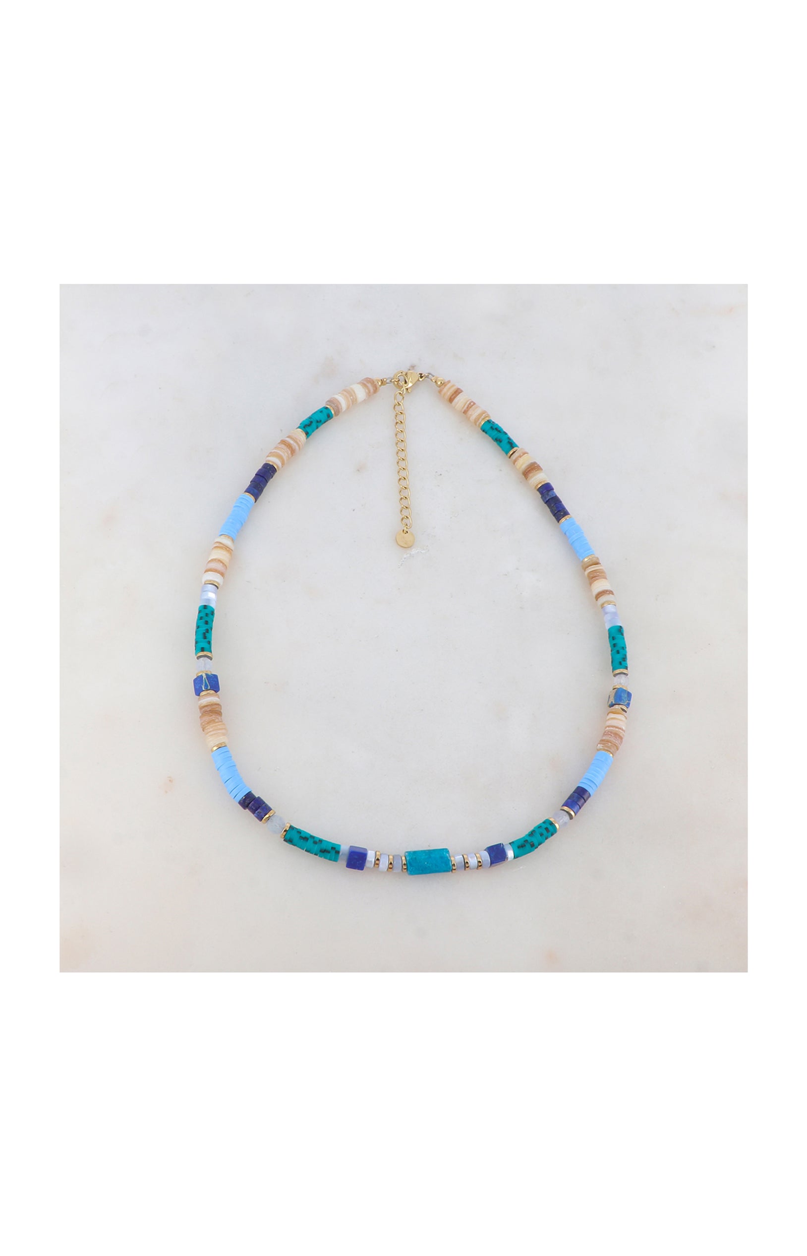 Collier réglable - Acier inoxydable, coquillages, perles heishi & pierres agates - Doré & bleu
