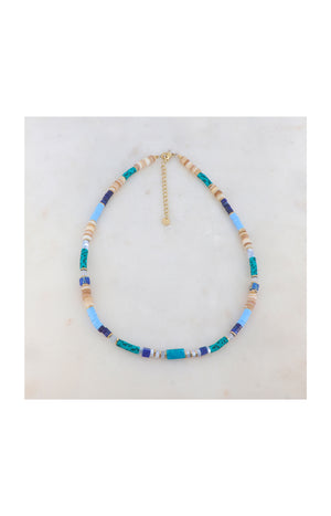 Collier réglable - Acier inoxydable, coquillages, perles heishi & pierres agates - Doré & bleu