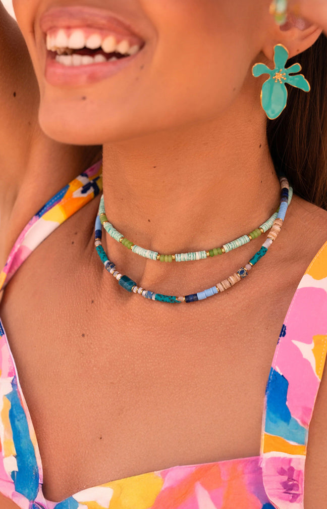 Collier réglable - Acier inoxydable, coquillages, perles heishi & pierres agates - Doré & bleu