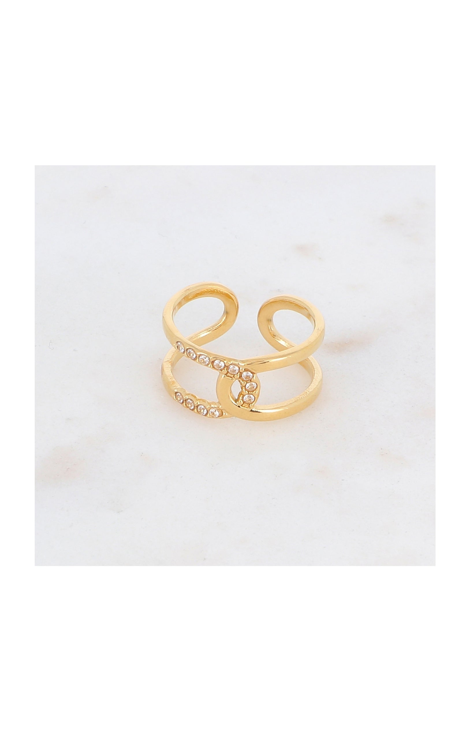 Bague double rangs - Acier inoxydable & strass - Doré & blanc