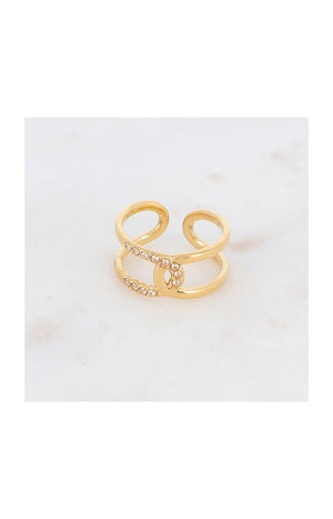 Bague double rangs - Acier inoxydable & strass - Doré & blanc