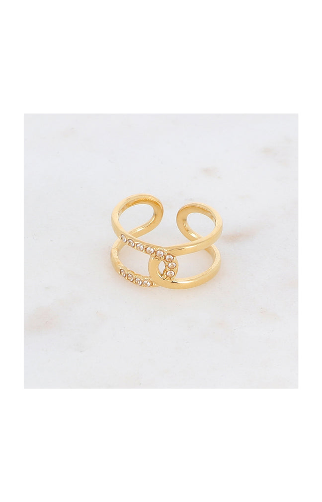 Bague double rangs - Acier inoxydable & strass - Doré & blanc