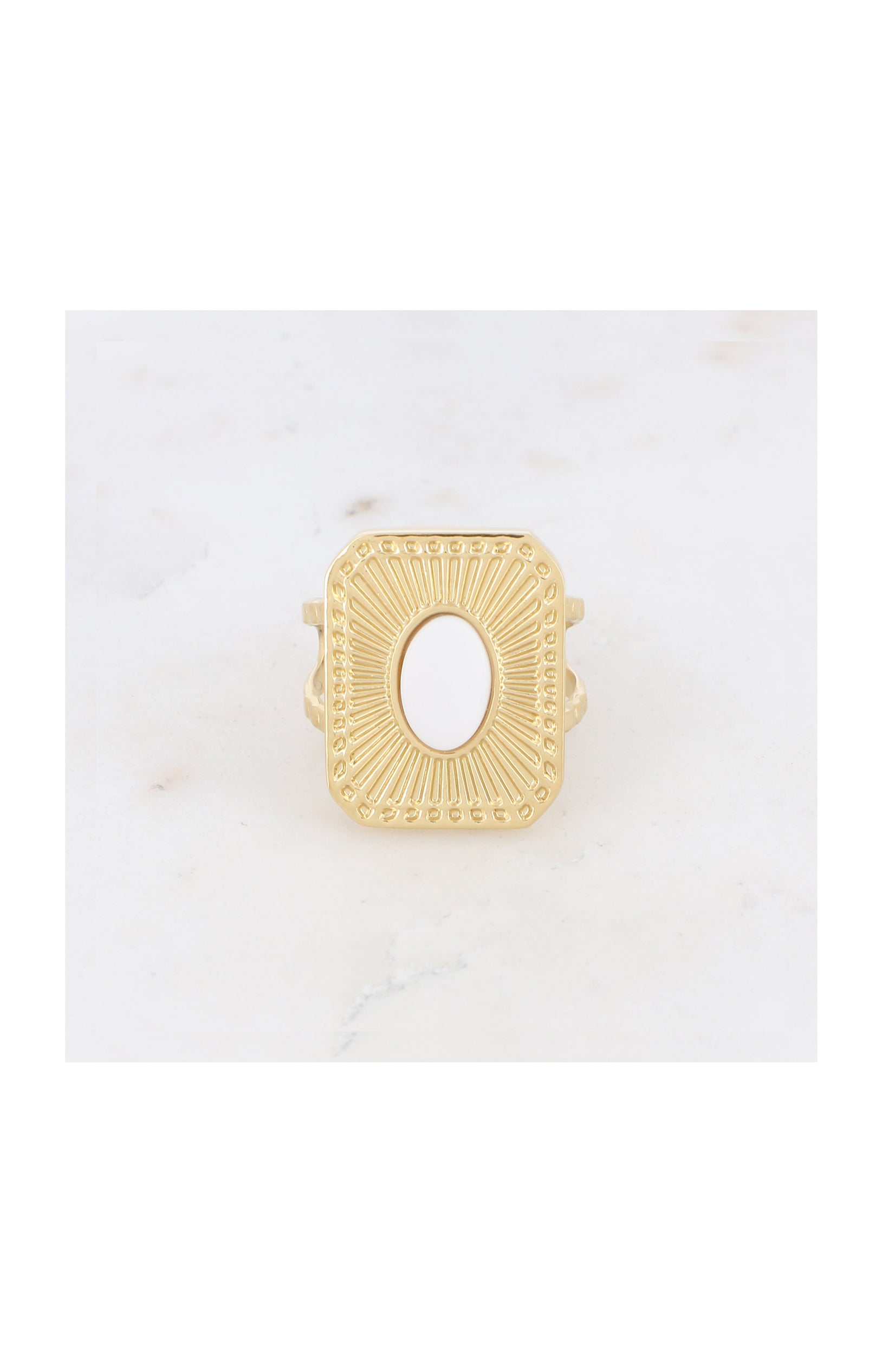 Bague ajustable - Acier inoxydable & jade - Doré & blanc