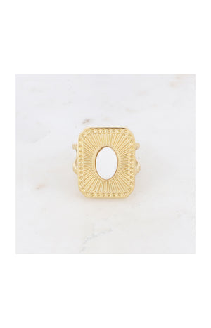 Bague ajustable - Acier inoxydable & jade - Doré & blanc