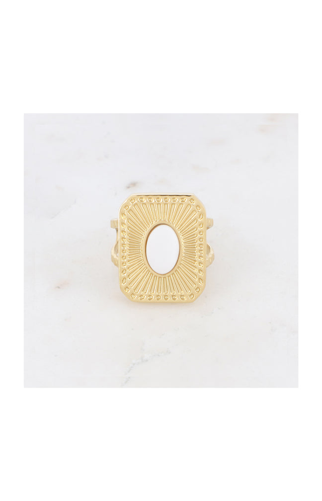 Bague ajustable - Acier inoxydable & jade - Doré & blanc