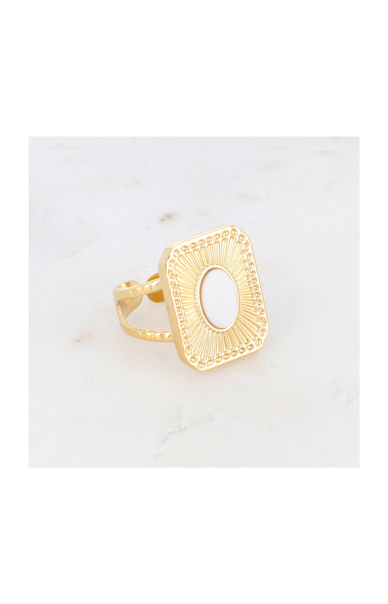 Bague ajustable - Acier inoxydable & jade - Doré & blanc