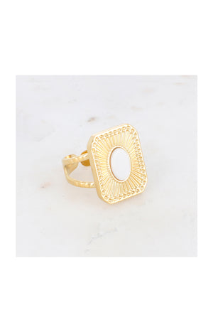 Bague ajustable - Acier inoxydable & jade - Doré & blanc