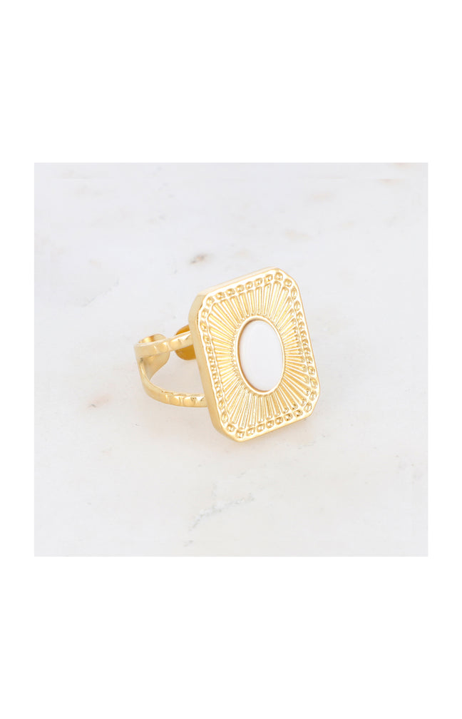Bague ajustable - Acier inoxydable & jade - Doré & blanc