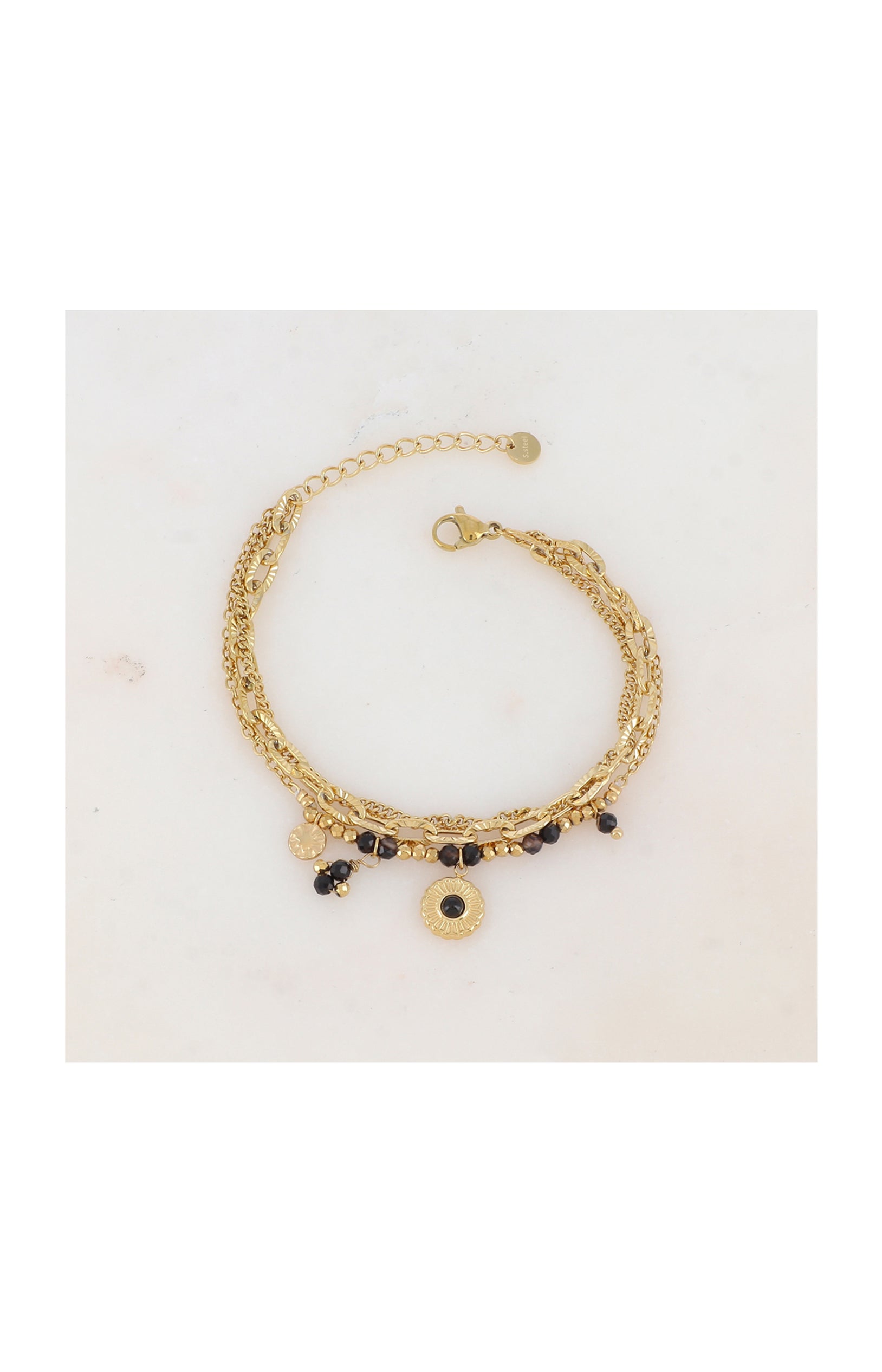 Bracelet  triple rangs - Acier inoxydable, agate & zirconium - Doré & noir