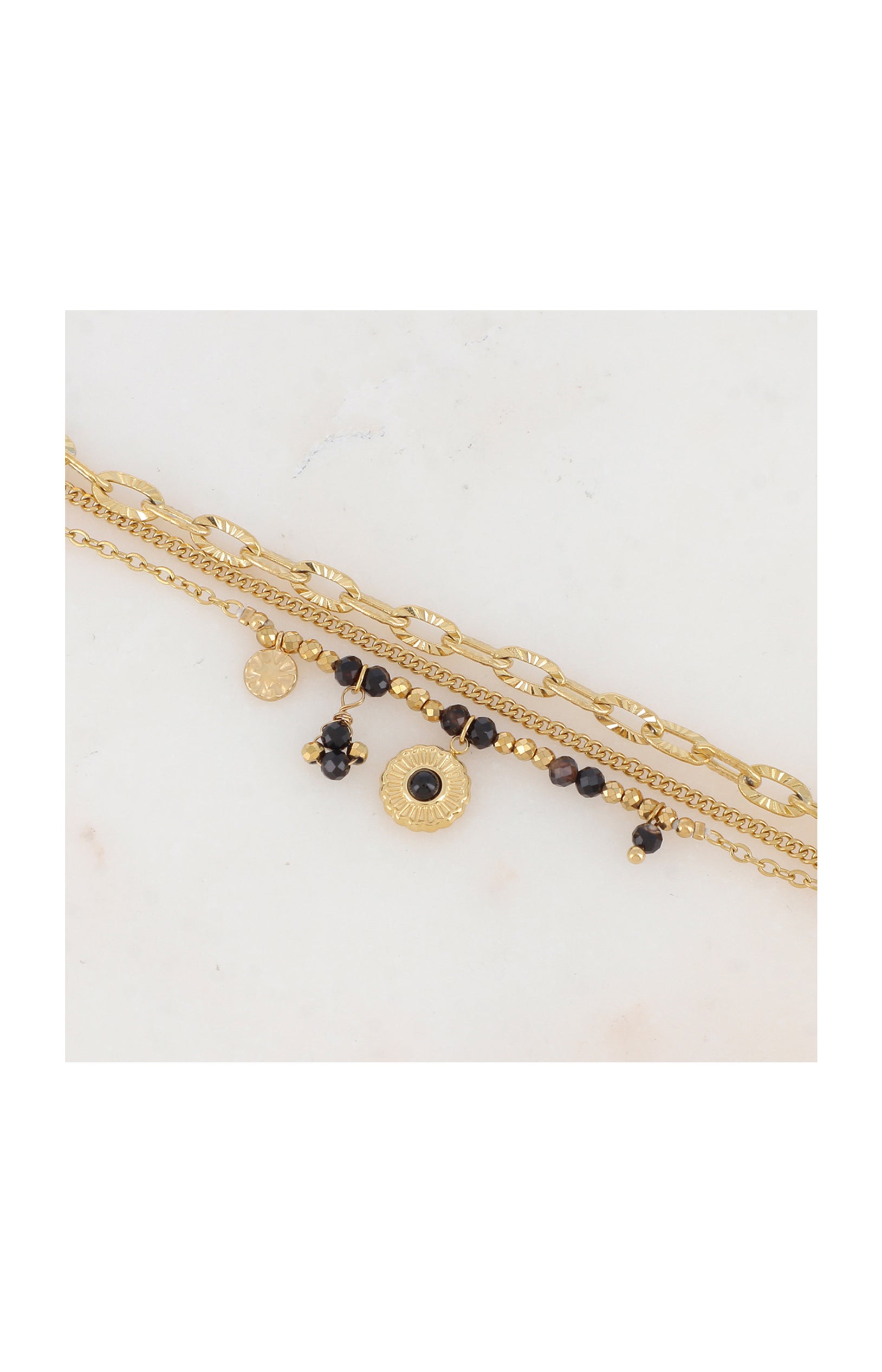 Bracelet  triple rangs - Acier inoxydable, agate & zirconium - Doré & noir