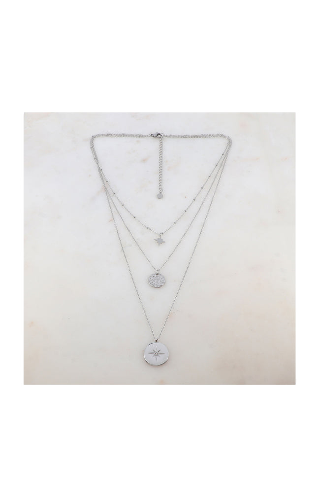 Collier 3 rangs - Acier inoxydable & strass - Argenté & blanc