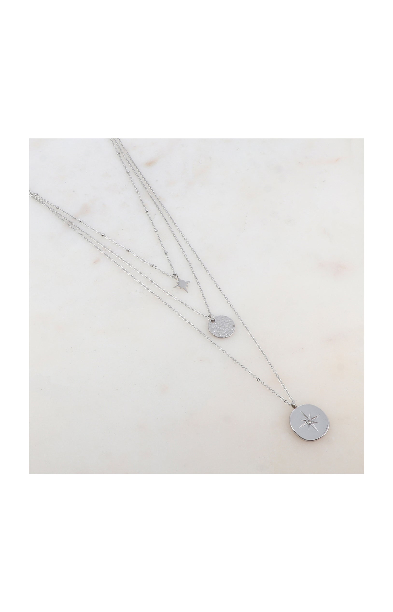 Collier 3 rangs - Acier inoxydable & strass - Argenté & blanc