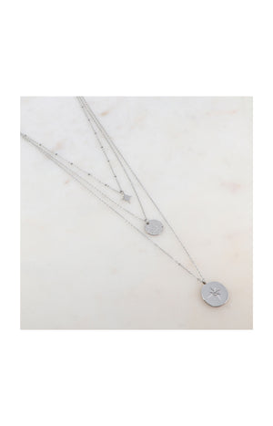 Collier 3 rangs - Acier inoxydable & strass - Argenté & blanc