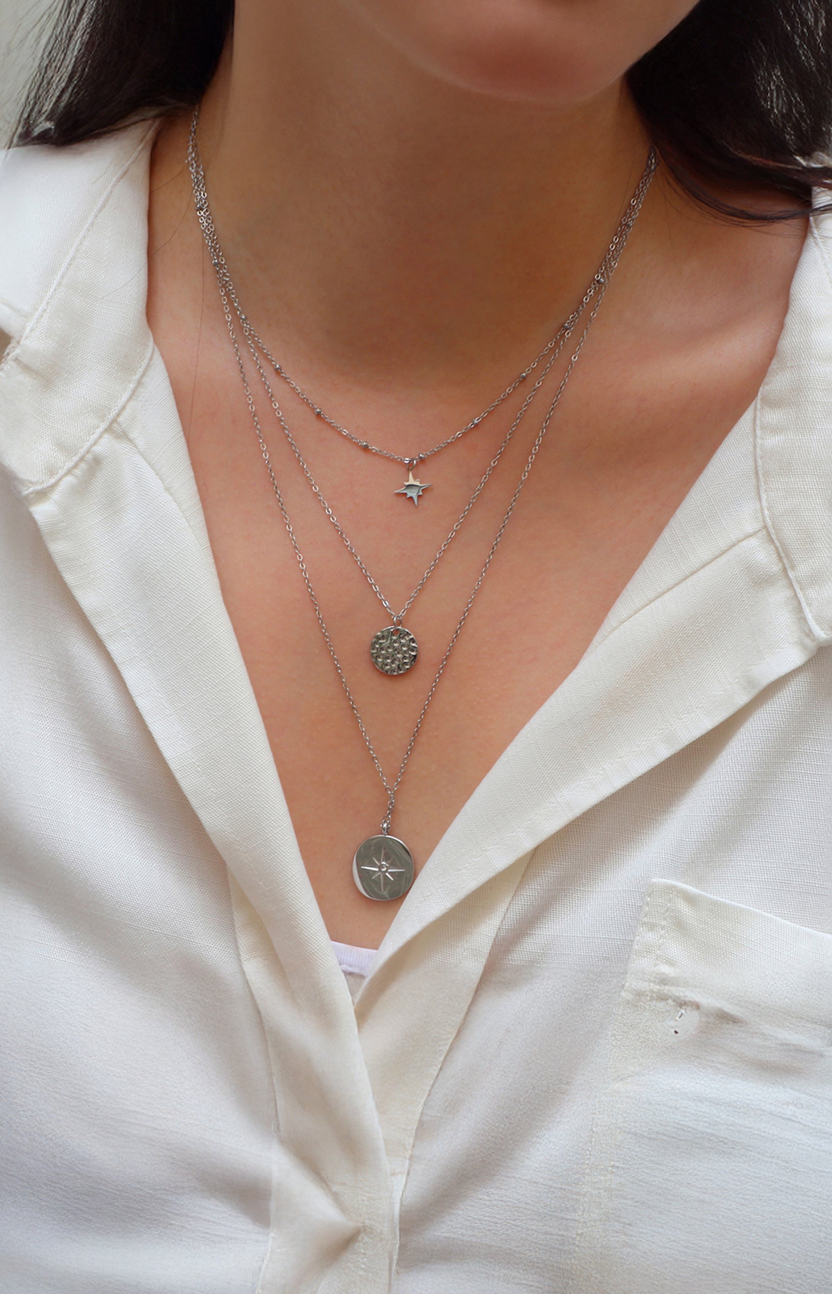 Collier 3 rangs - Acier inoxydable & strass - Argenté & blanc