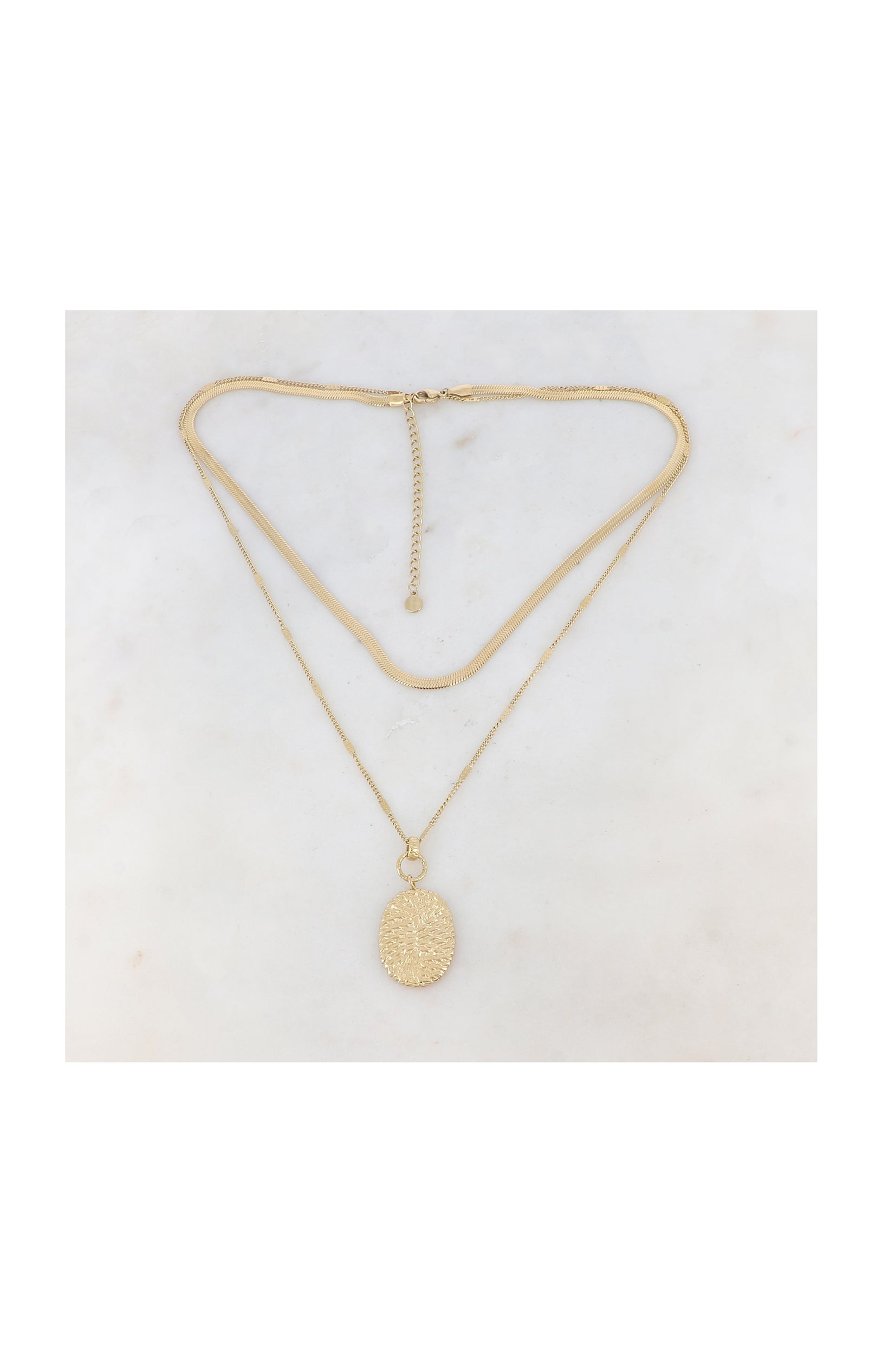 Collier double rangs avec pendentif - Acier inoxydable - Doré