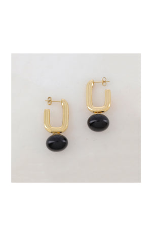 Boucles d'oreilles type créoles à puce en forme géométrique - Acier inoxydable & résine - Doré & noir