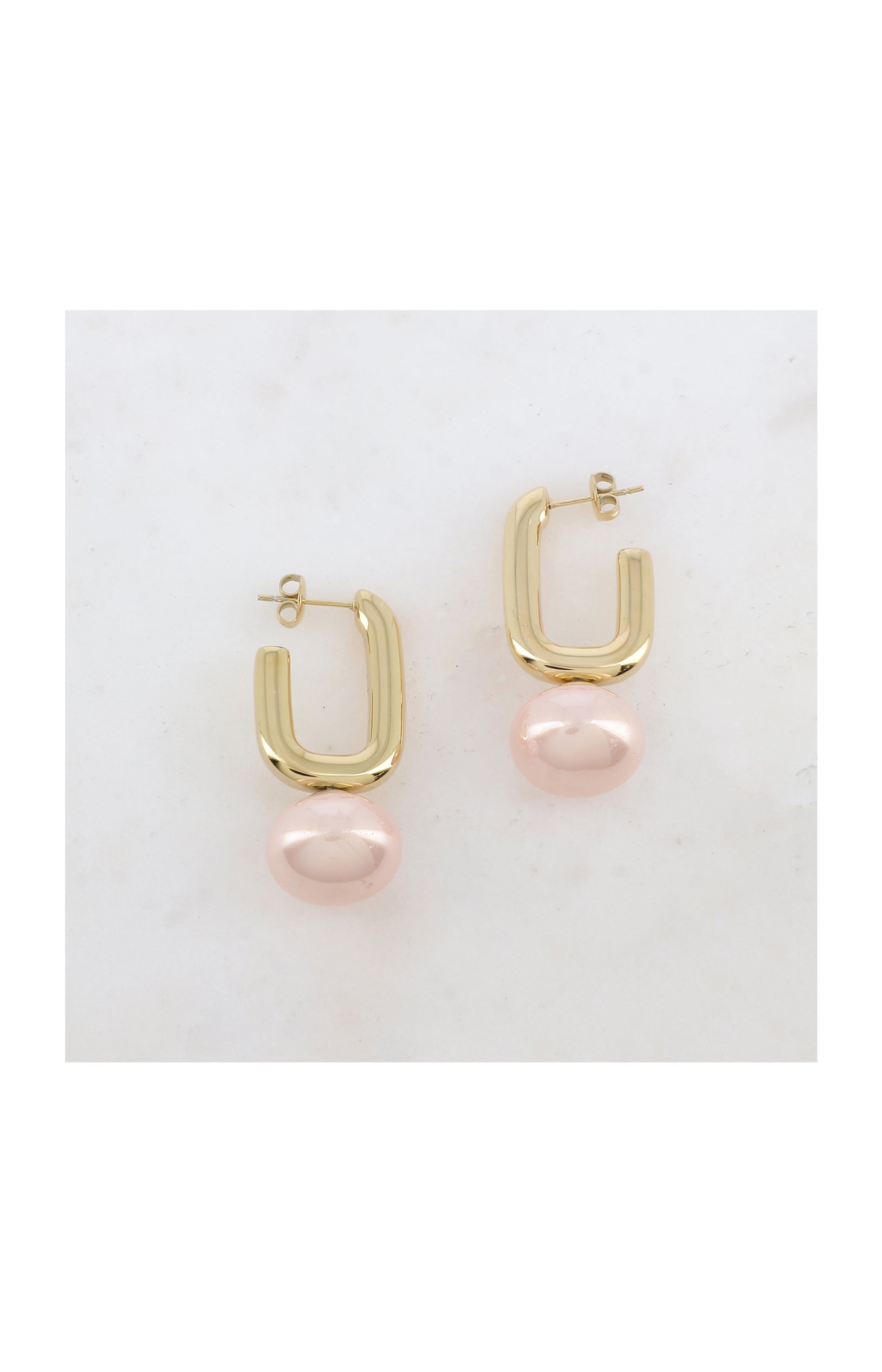 Boucles d'oreilles type créoles à puce en forme géométrique - Acier inoxydable & résine - Doré & rose