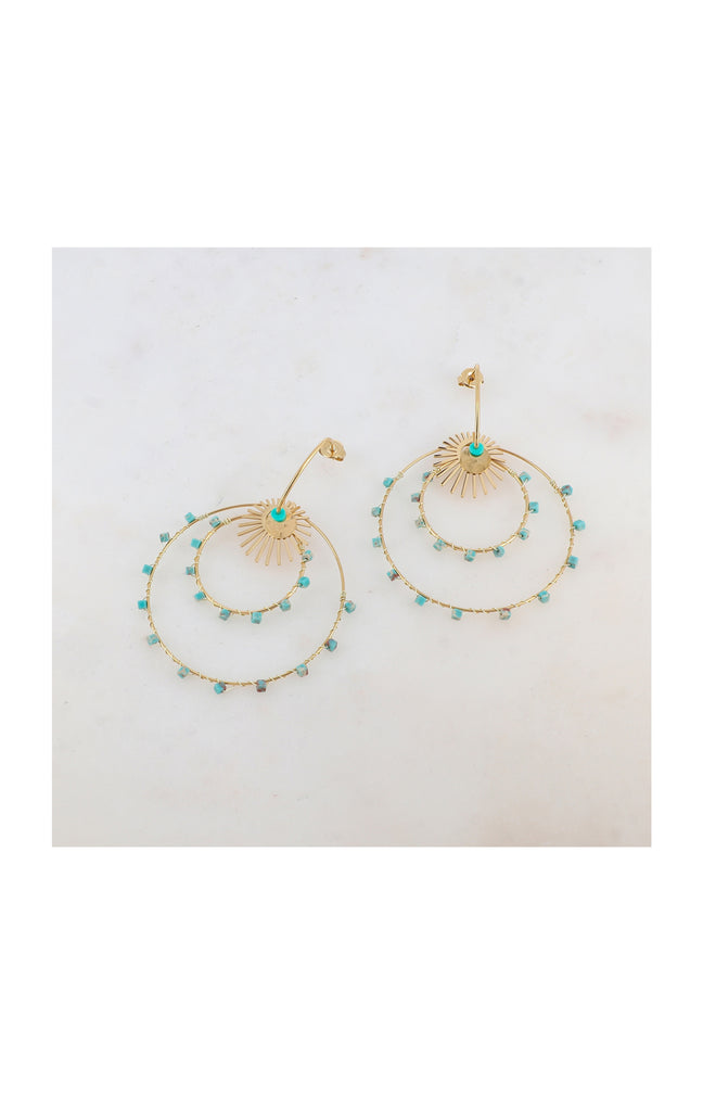 Créoles doubles cercles - Acier inoxydable & amazonite - Doré & vert