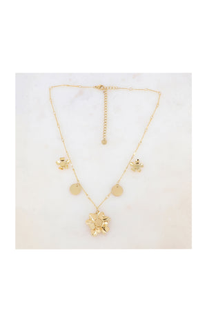 Collier avec 3 fleurs et 2 pampilles lisses - Acier inoxydable - Doré