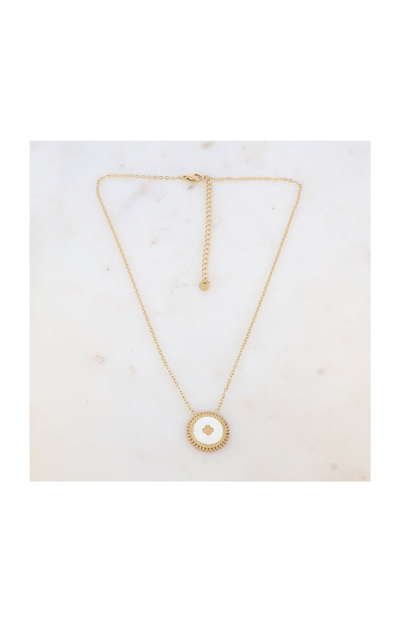 Collier pendentif fleur - Acier inoxydable & email - Doré & blanc