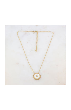 Collier pendentif fleur - Acier inoxydable & email - Doré & blanc