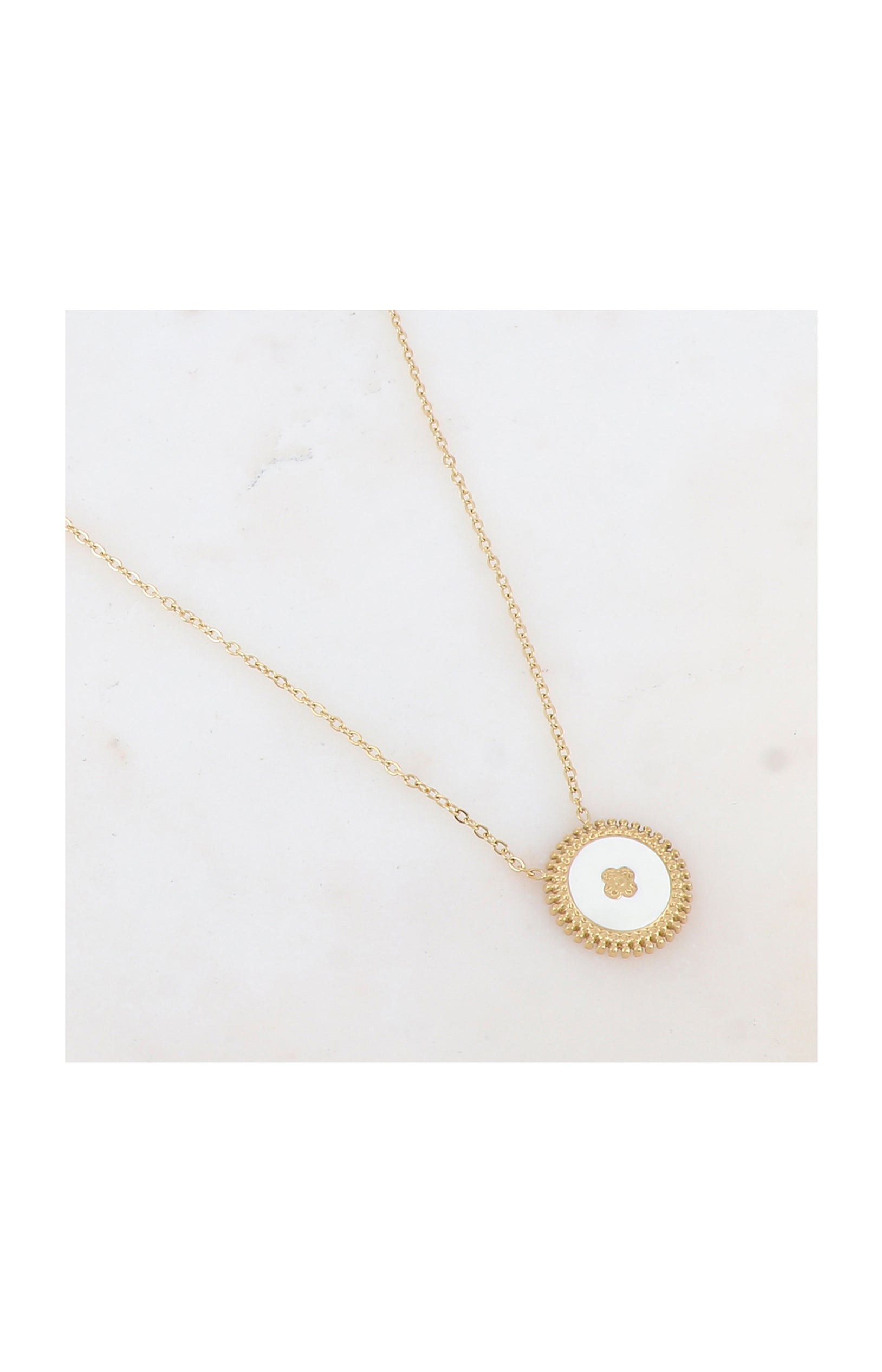 Collier pendentif fleur - Acier inoxydable & email - Doré & blanc