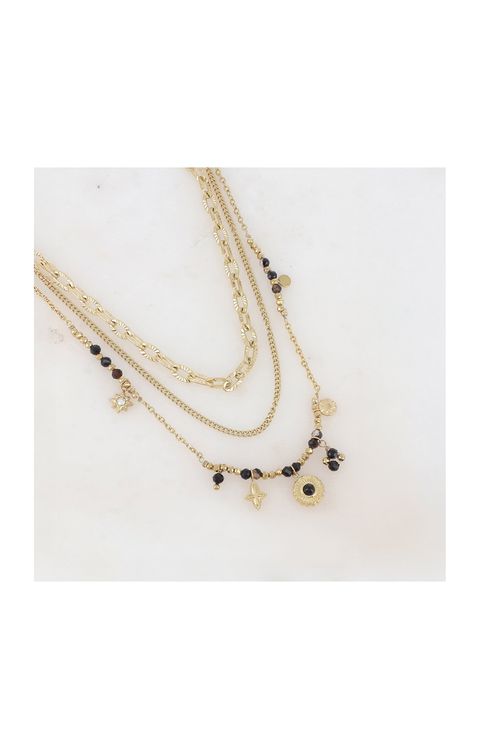 Collier triple rangs - Acier inoxydable, pierres agates & zirconium - Doré & noir