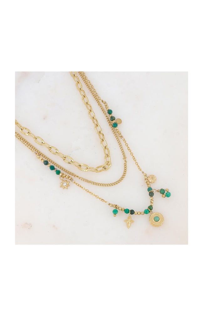 Collier triple rangs - Acier inoxydable, pierre jaspe & zirconium  - Doré & vert