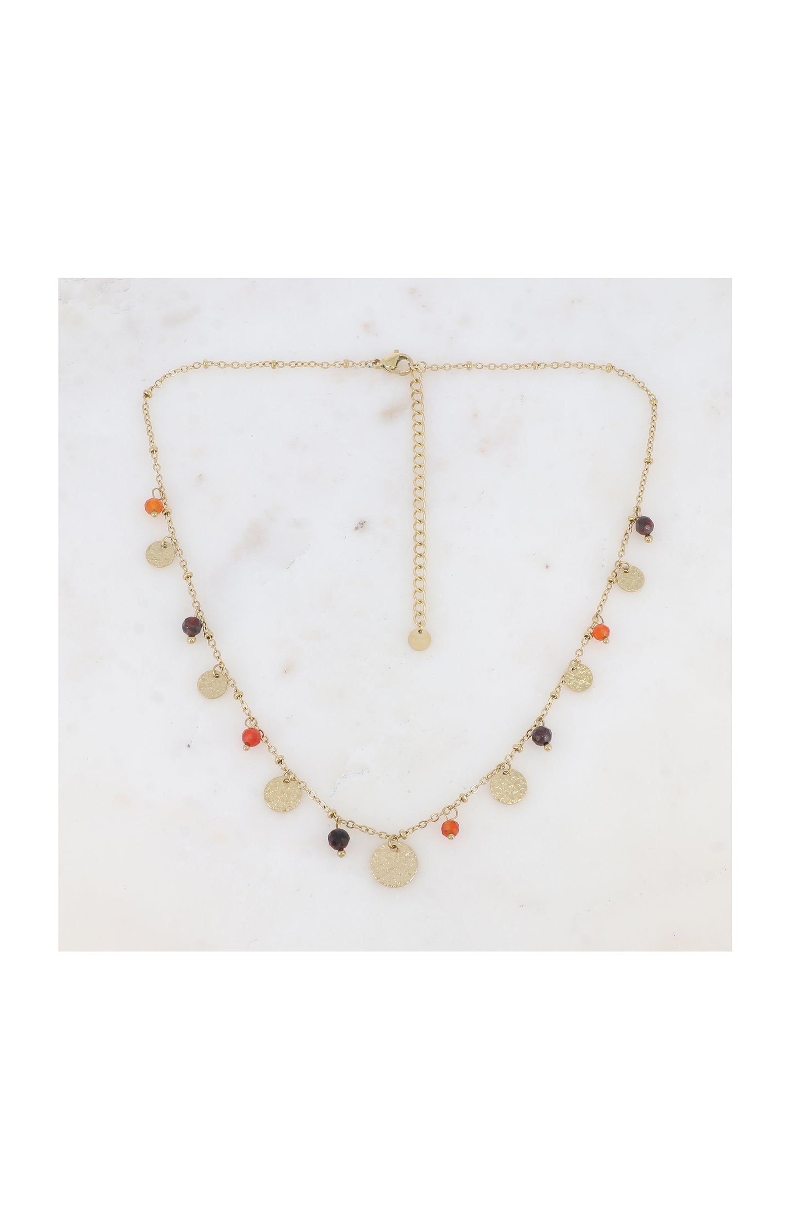 Collier - Acier inoxydable, pierres agates & œil de taureau - Doré, orange & marron