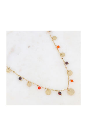 Collier - Acier inoxydable, pierres agates & œil de taureau - Doré, orange & marron