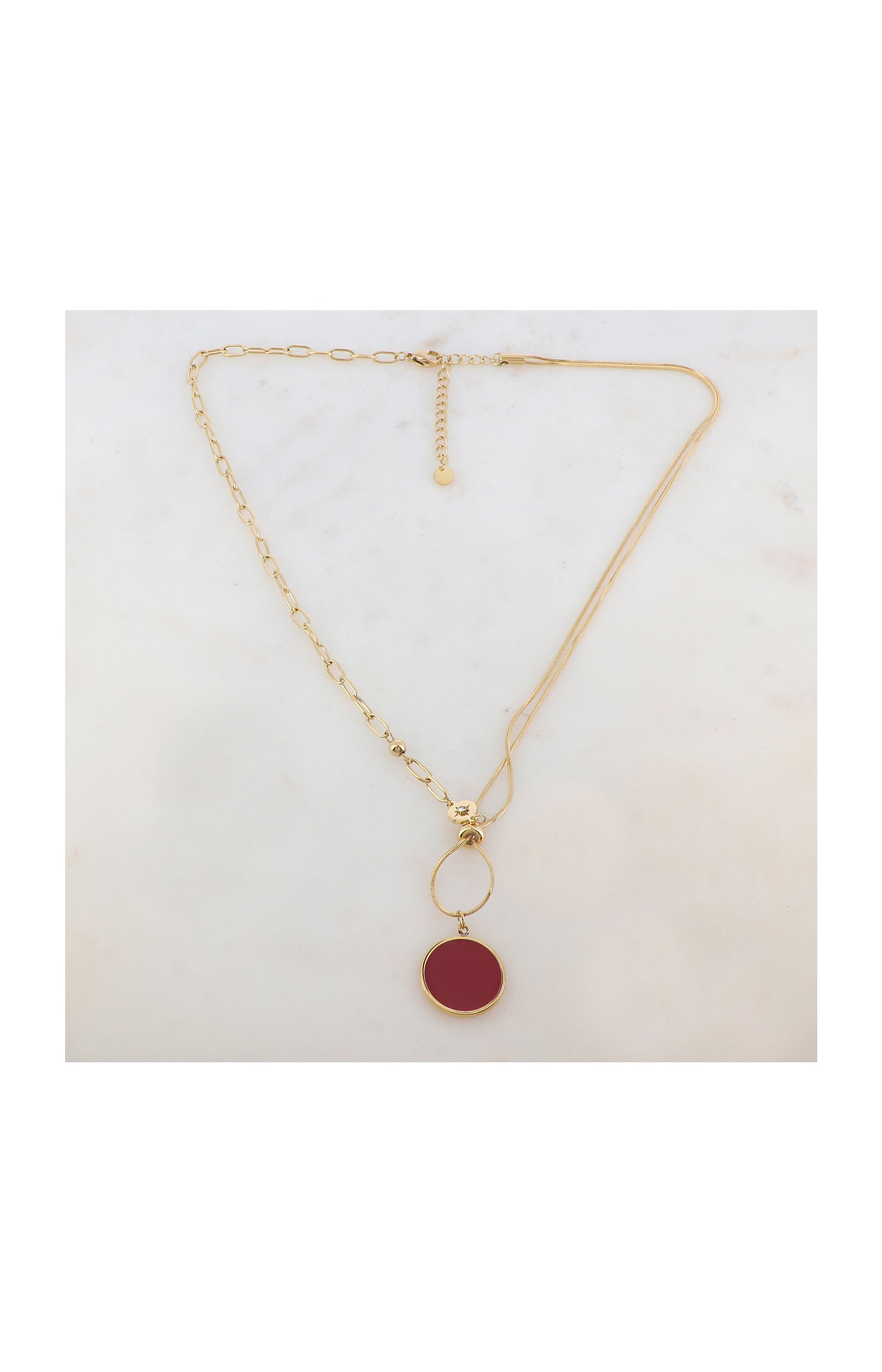 Collier avec pendentif rond - Acier inoxydable, email & strass - Doré & rouge