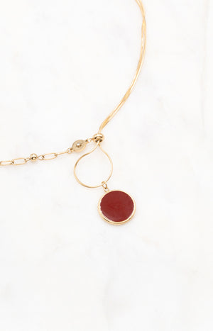 Collier avec pendentif rond - Acier inoxydable, email & strass - Doré & rouge